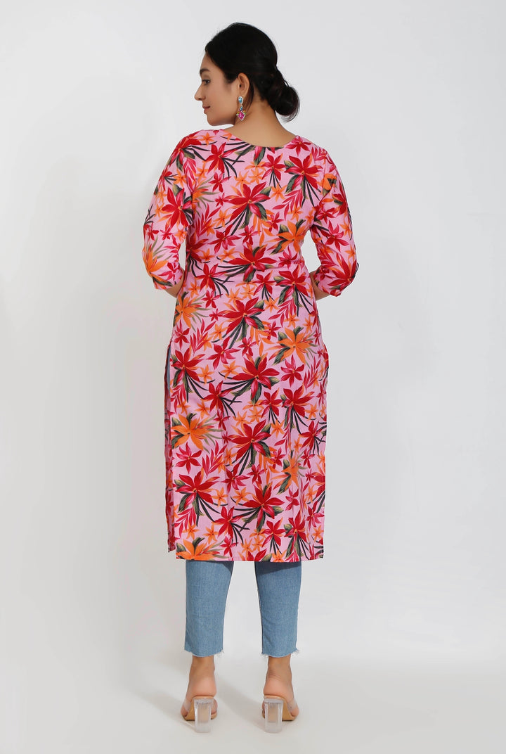 Orange Floral Print Cotton Kurta