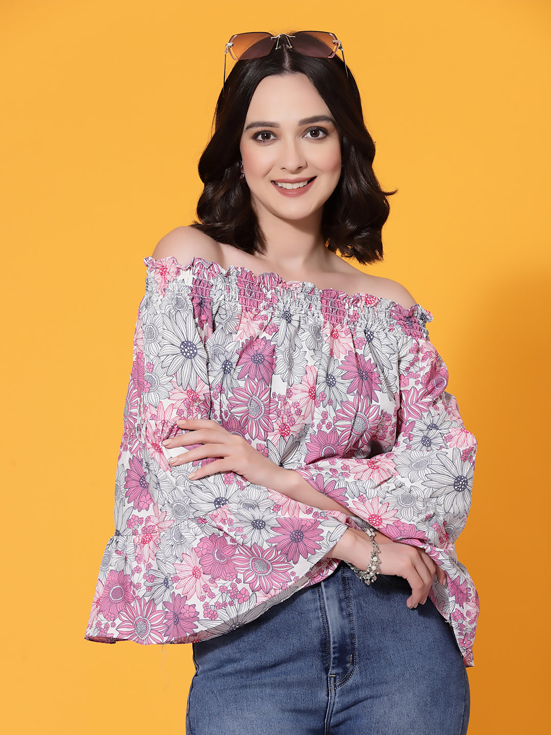 Pink Floral Print off Shoulder Top