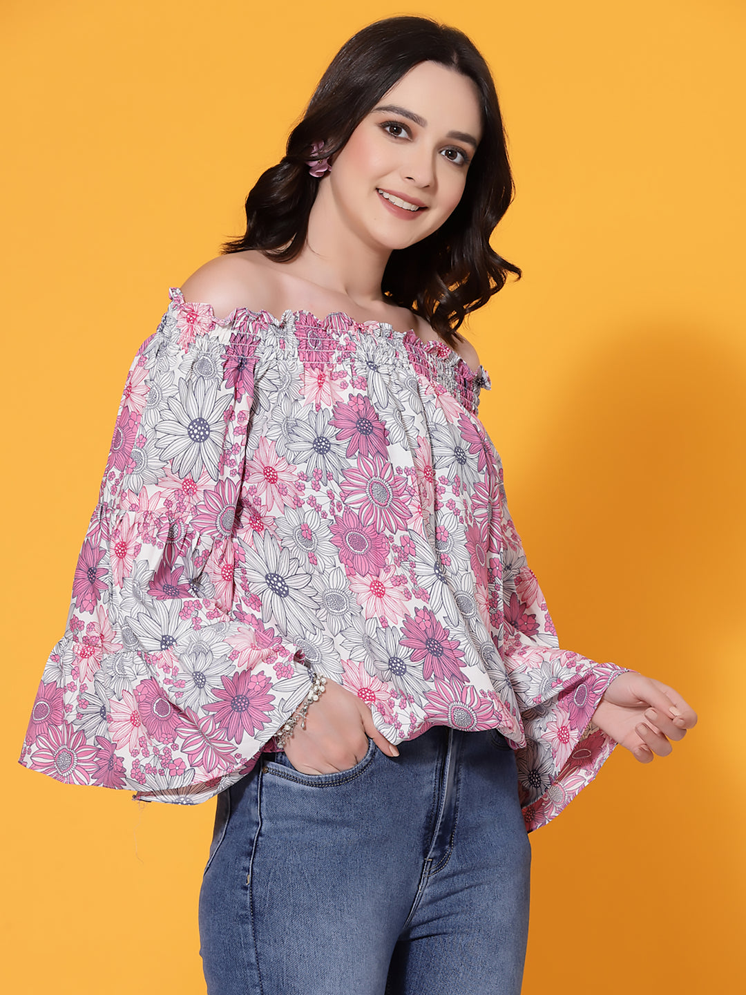 Pink Floral Print off Shoulder Top