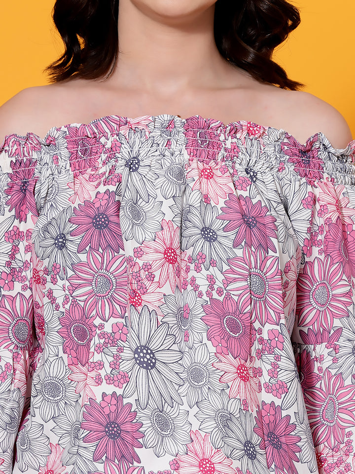Pink Floral Print off Shoulder Top