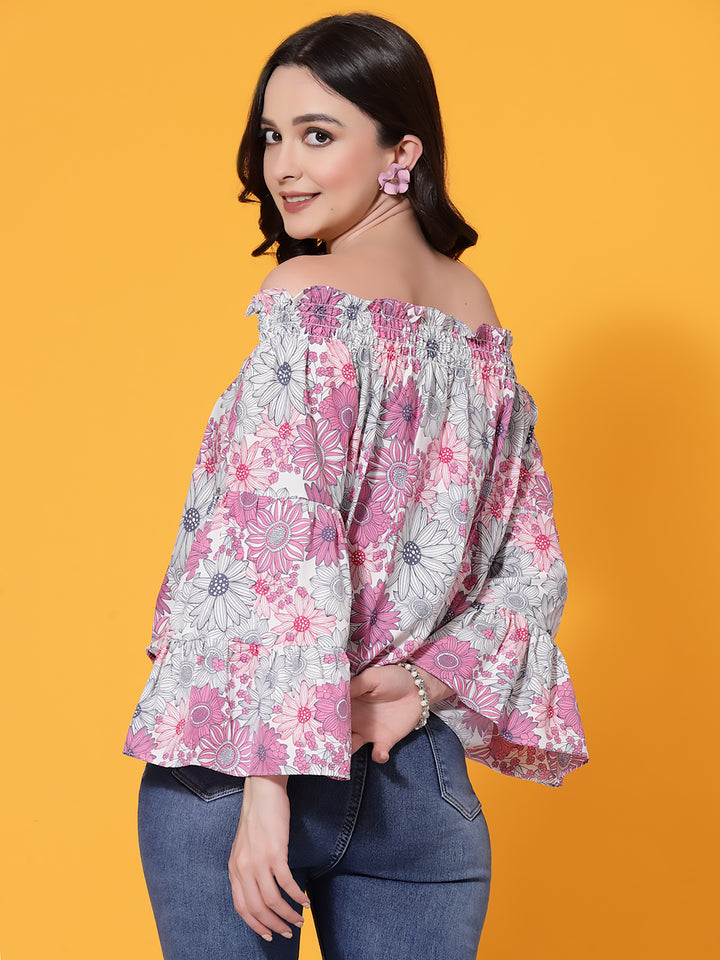 Pink Floral Print off Shoulder Top