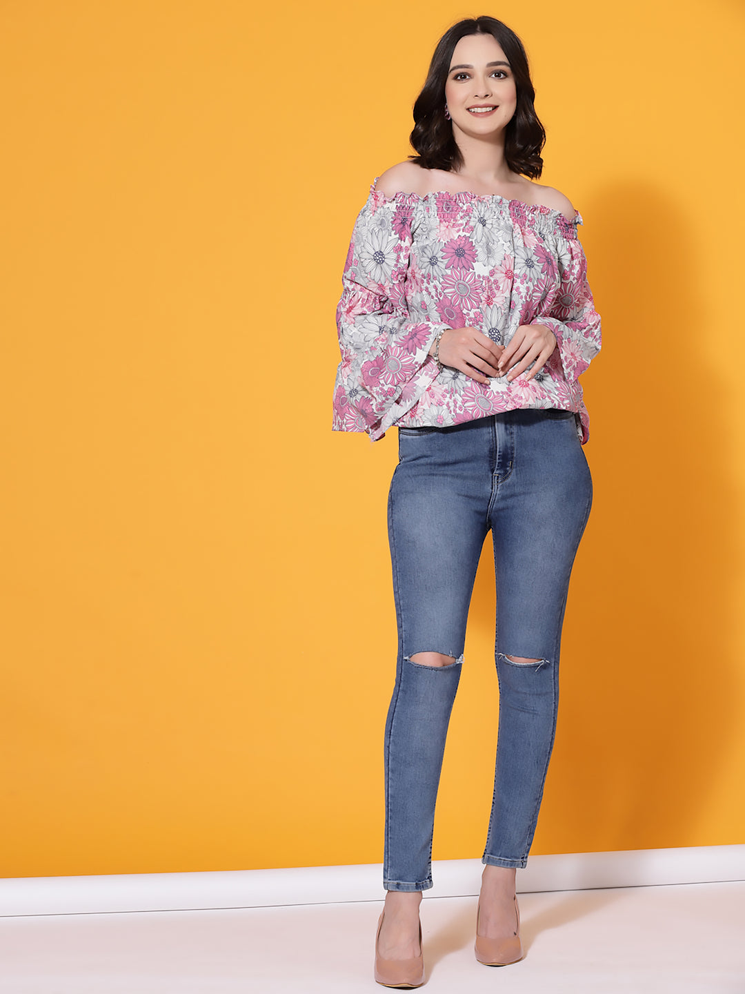 Pink Floral Print off Shoulder Top