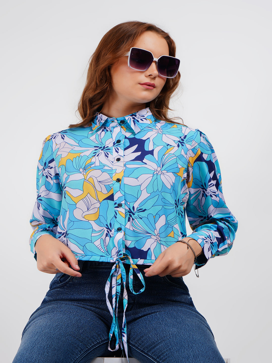 Blue Shirt Style Trendy Crop Top