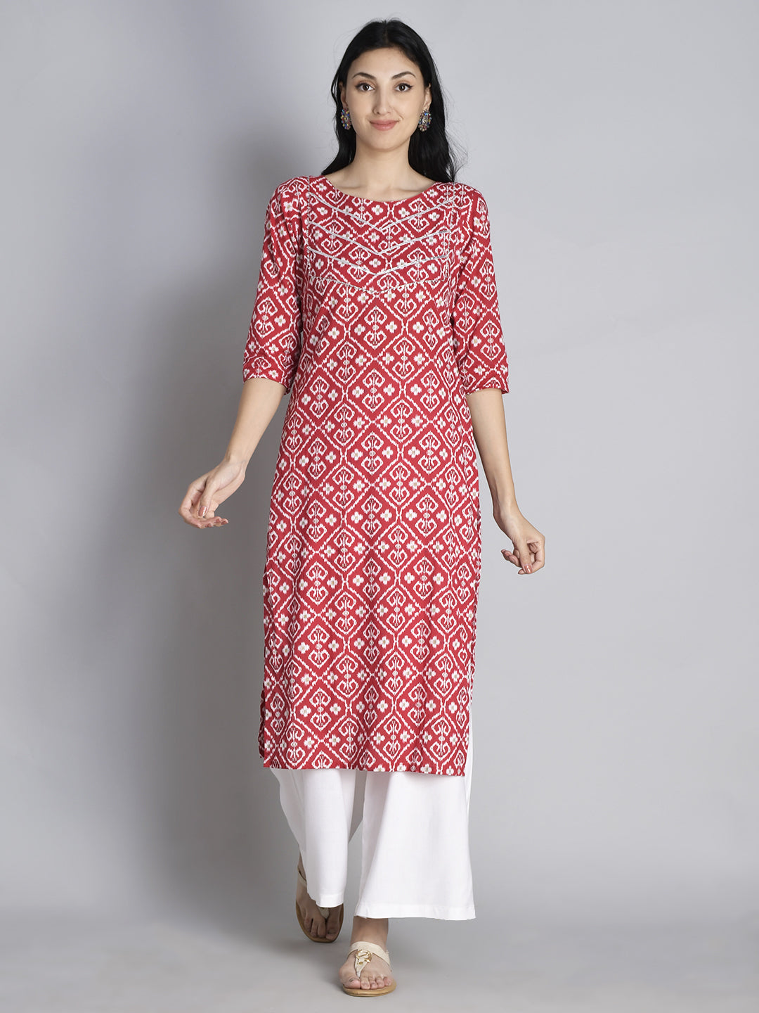 Red Printed Gota Work Cotton Kurta