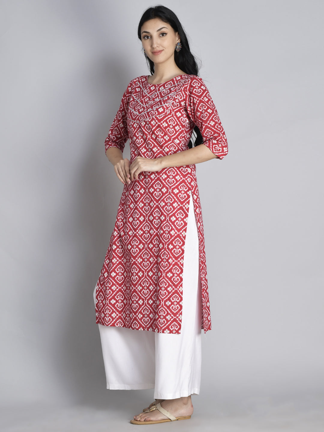 Red Printed Gota Work Cotton Kurta