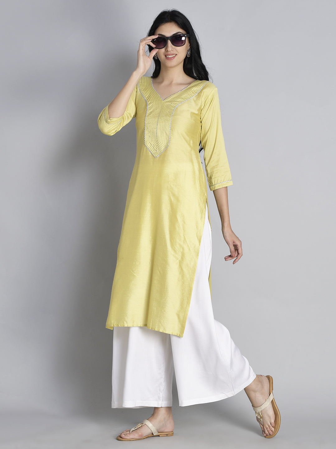 Yellow Solid Gota Patti Kurta