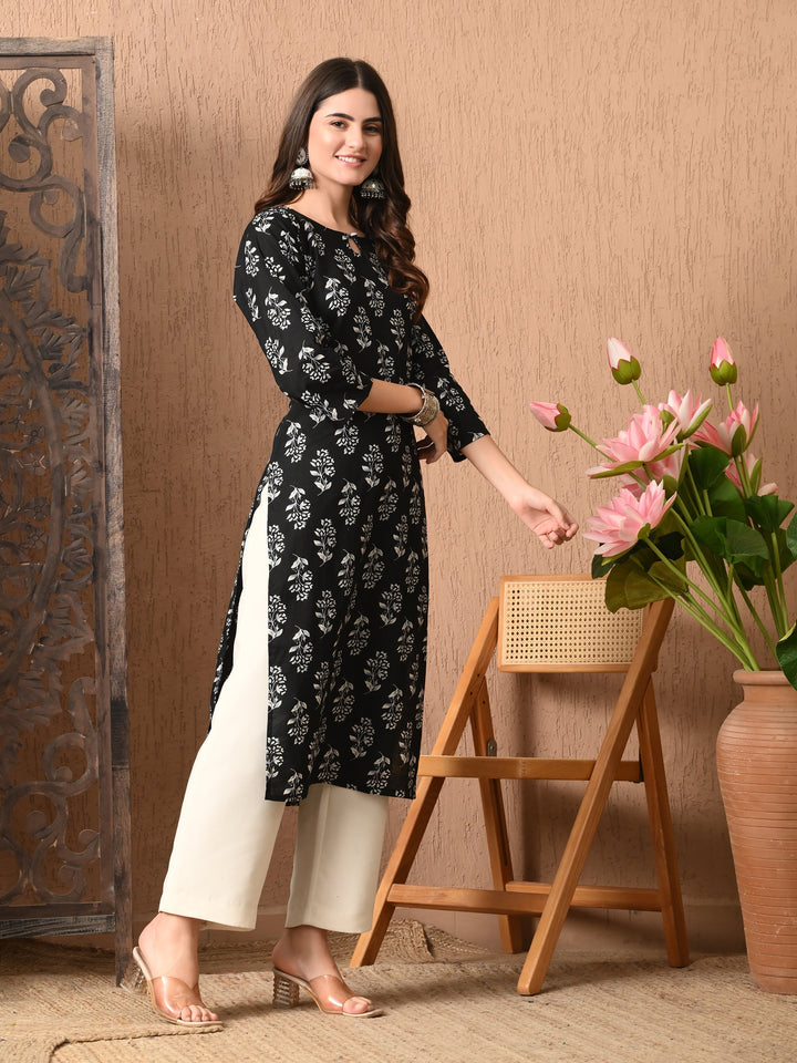 Black Floral Print Cotton Kurta