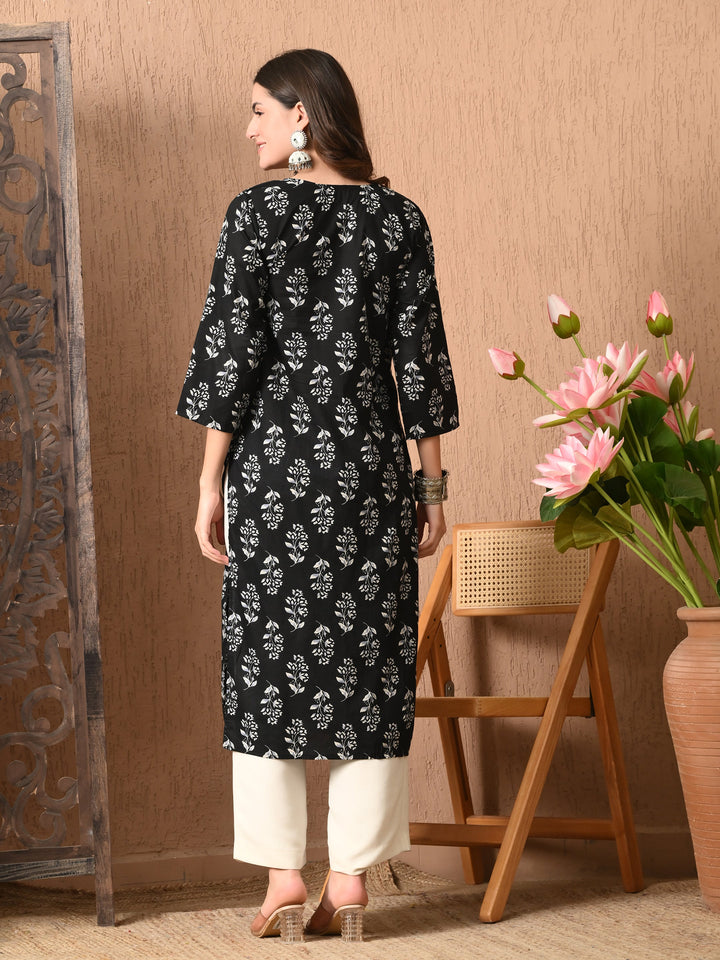 Black Floral Print Cotton Kurta