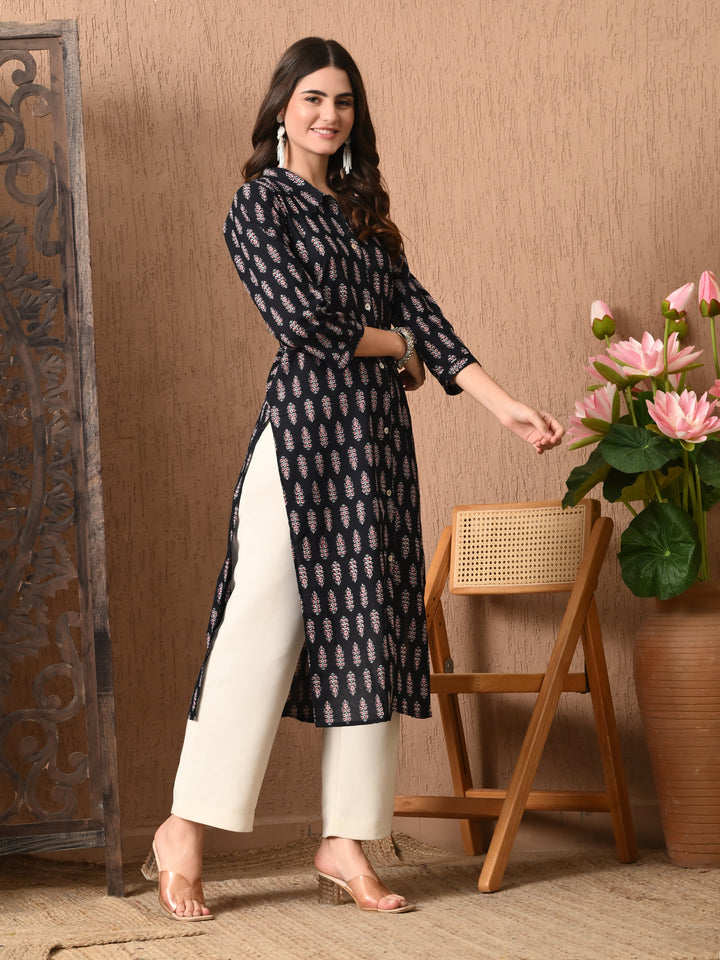 Black Printed Collared Neck Kurta