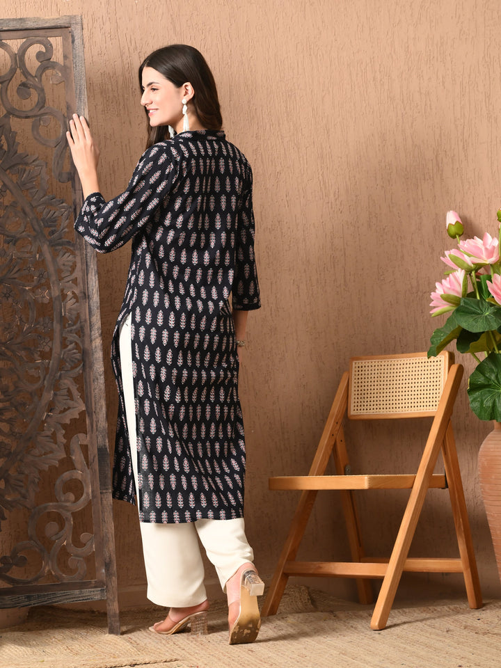 Black Printed Collared Neck Kurta