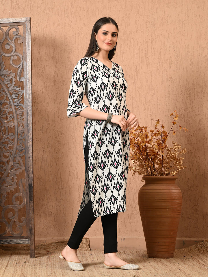 White Printed Cotton Straight Kurta