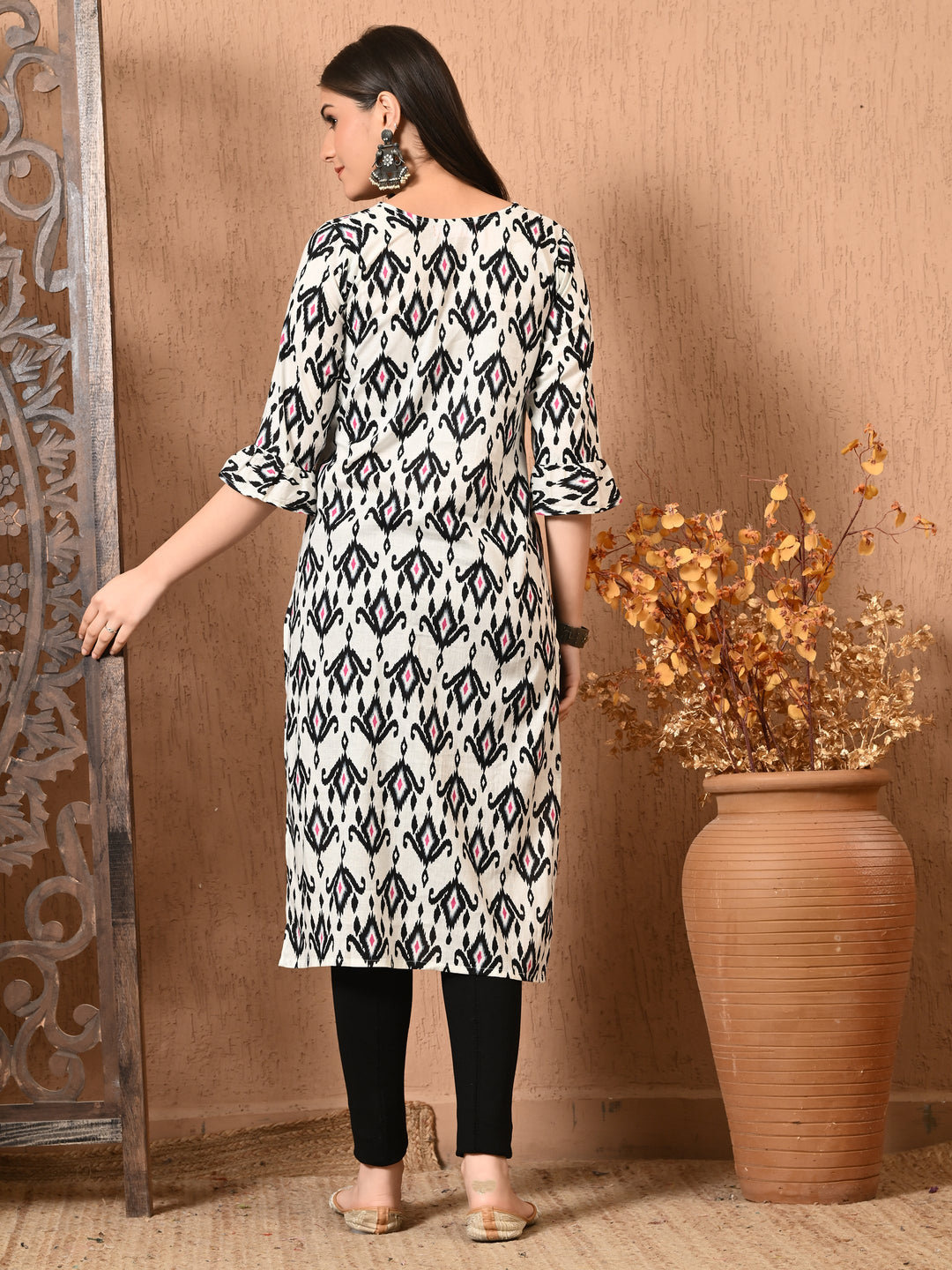 White Printed Cotton Straight Kurta