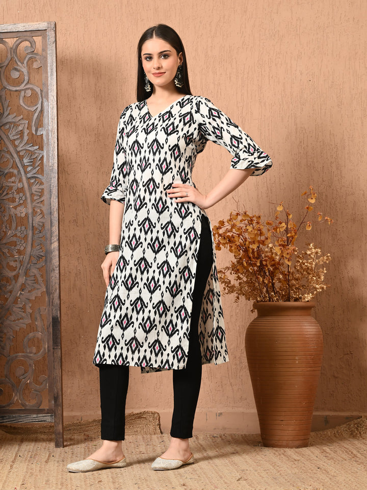 White Printed Cotton Straight Kurta