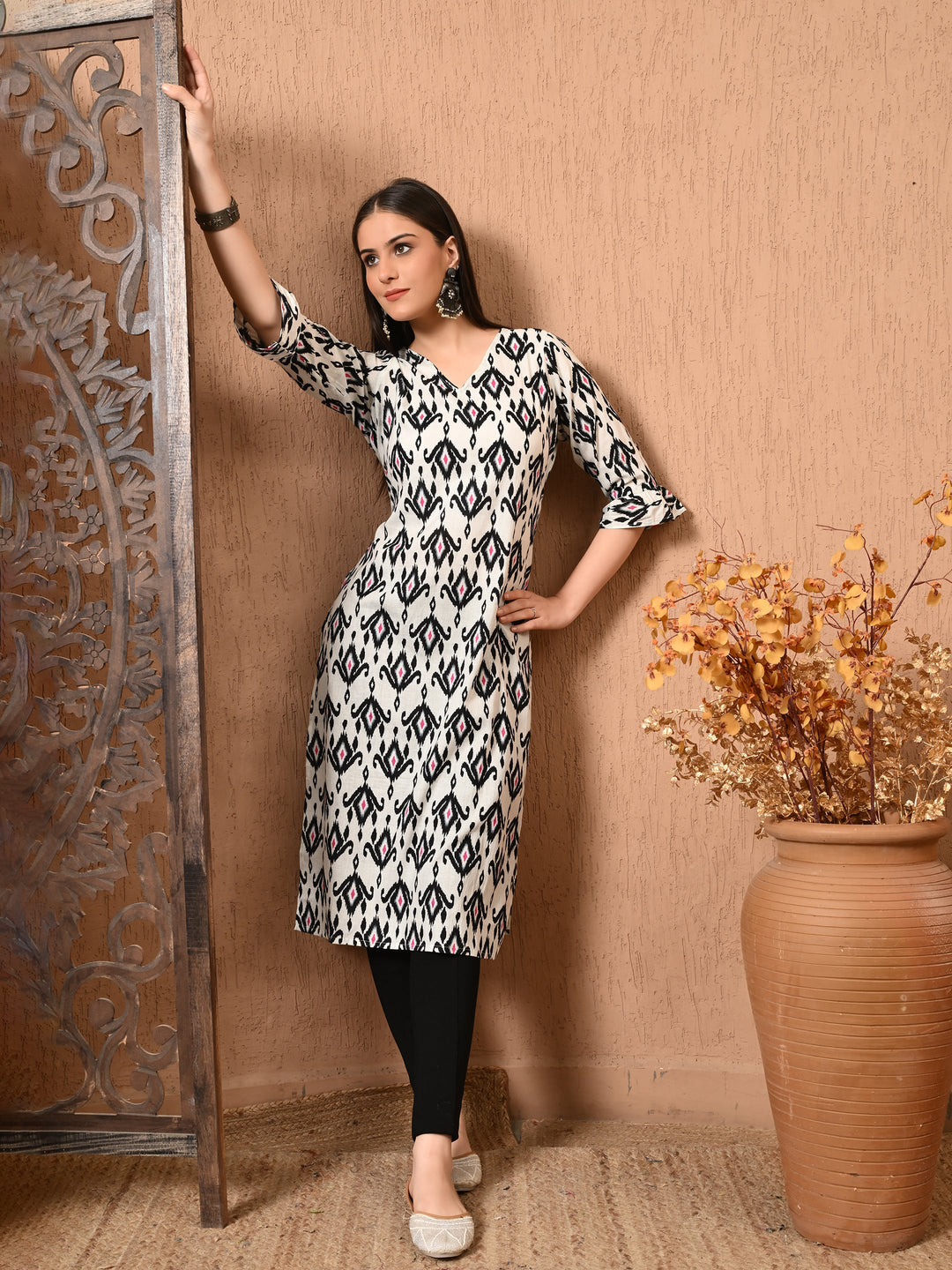 White Printed Cotton Straight Kurta