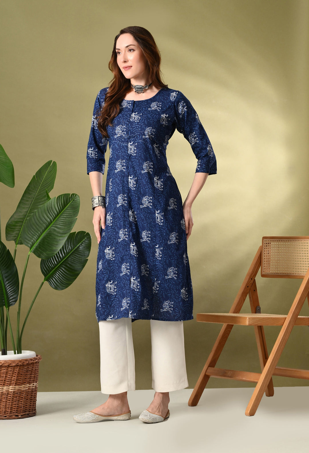 Blue Jaipuri Print Cotton Kurta