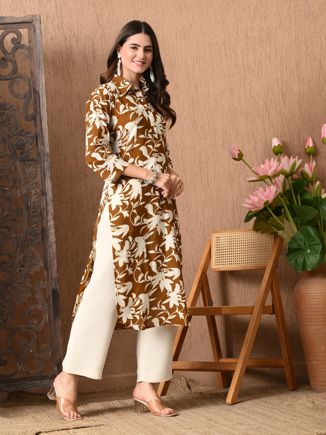 Brown Printed Collared  Cotton Kurta