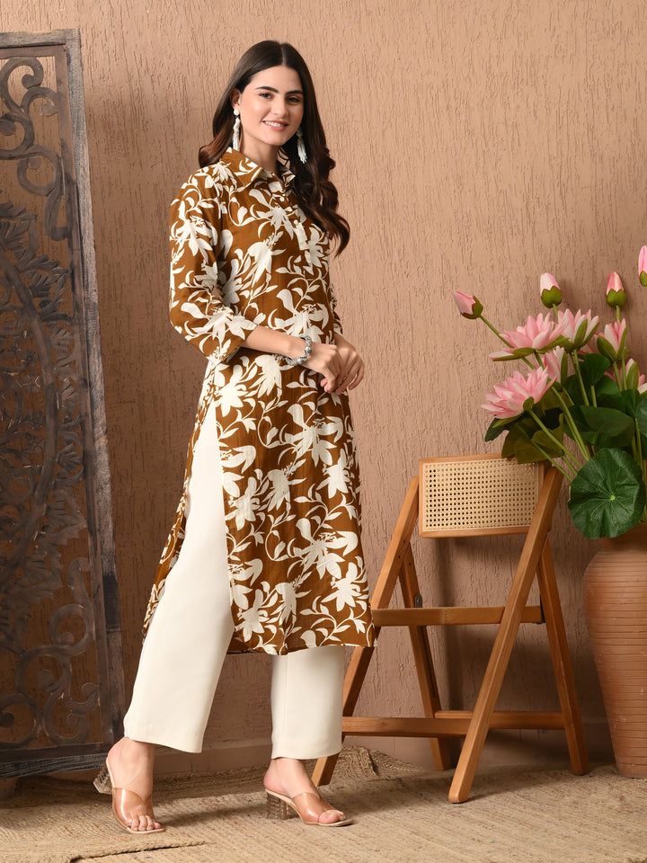 Brown Printed Collared  Cotton Kurta