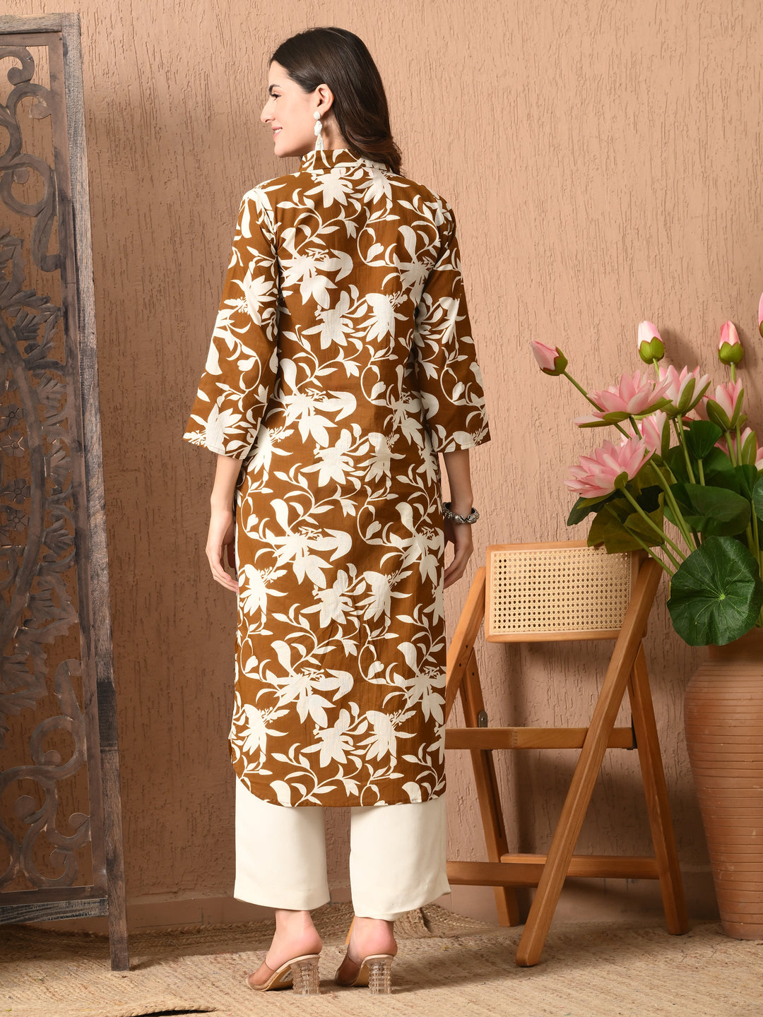 Brown Printed Collared  Cotton Kurta