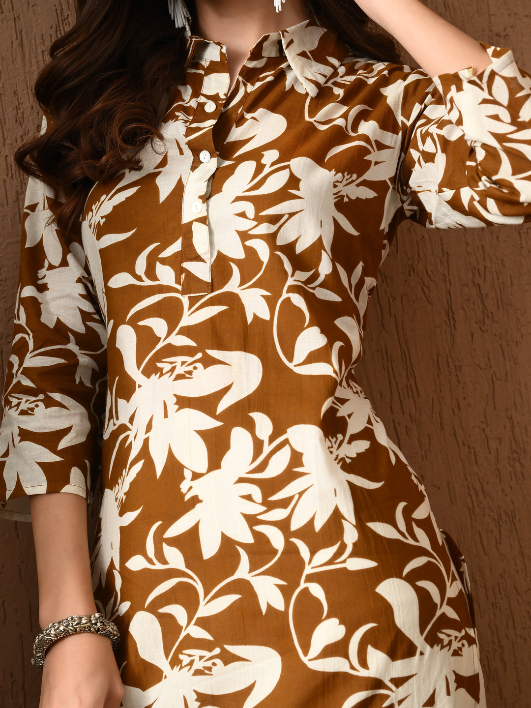 Brown Printed Collared  Cotton Kurta