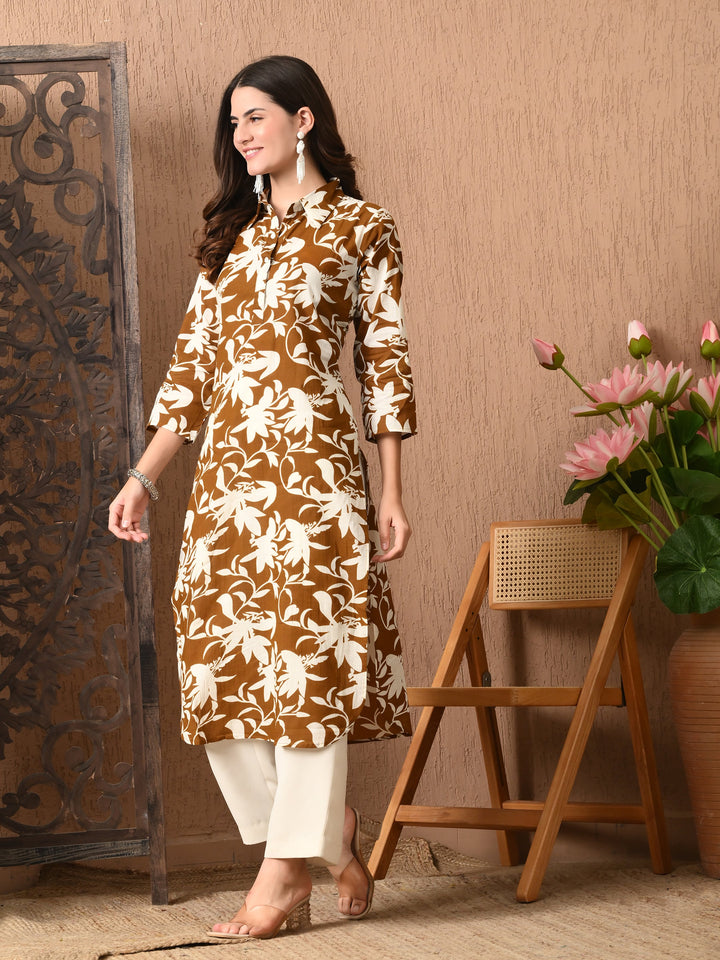 Brown Printed Collared  Cotton Kurta