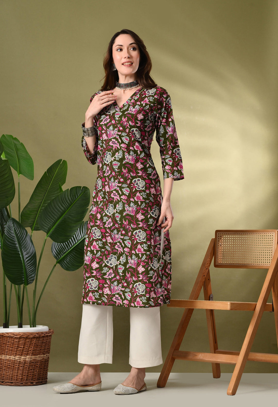 Green Floarl Print Sequence Work Kurta