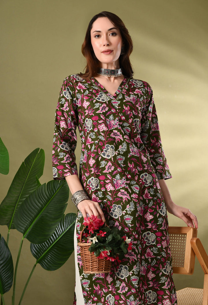 Green Floarl Print Sequence Work Kurta