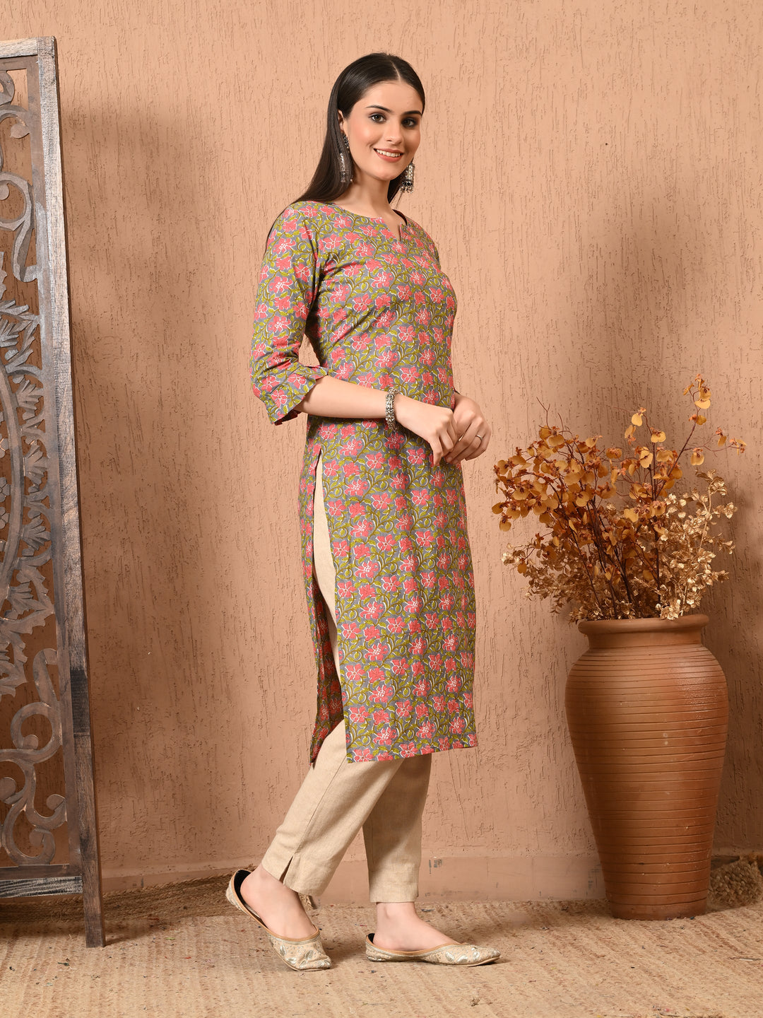 Gray Floral Print Cotton Kurta