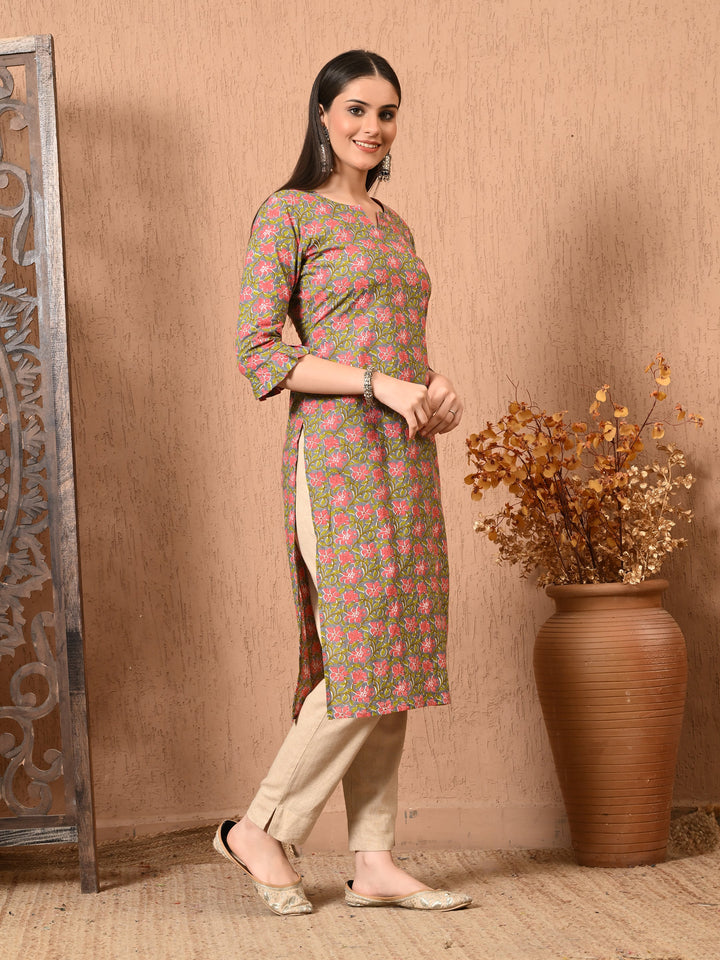 Gray Floral Print Cotton Kurta