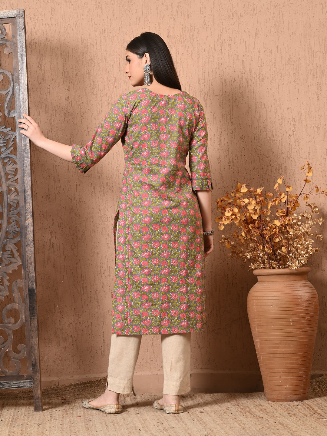 Gray Floral Print Cotton Kurta