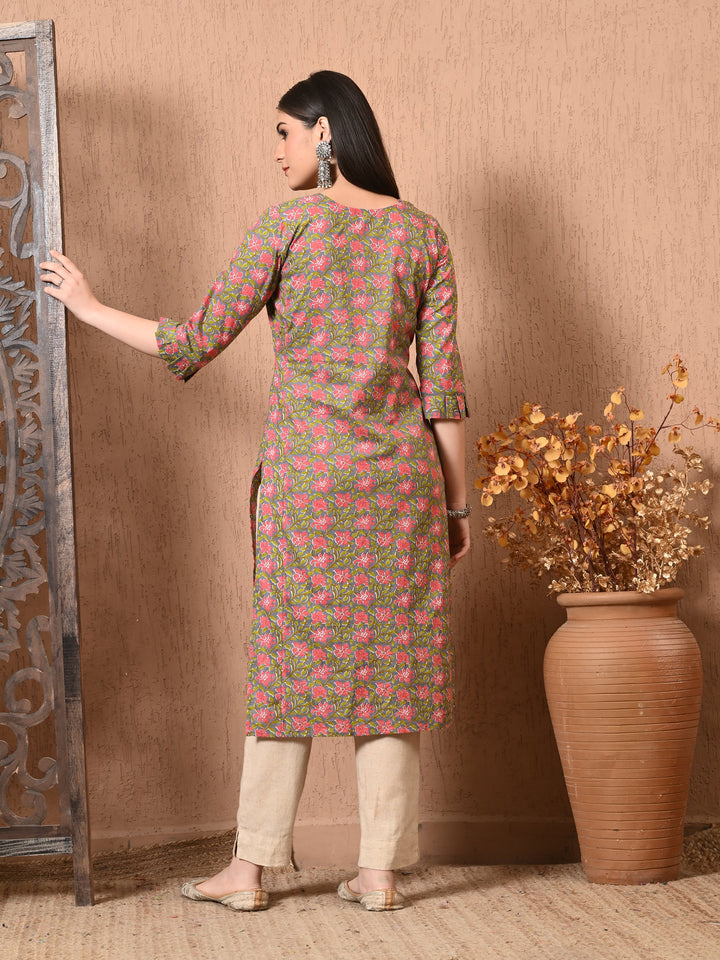 Gray Floral Print Cotton Kurta