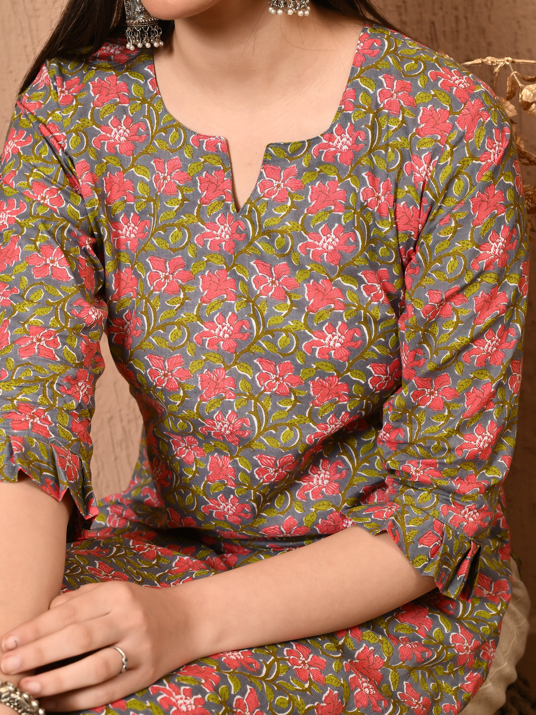 Gray Floral Print Cotton Kurta