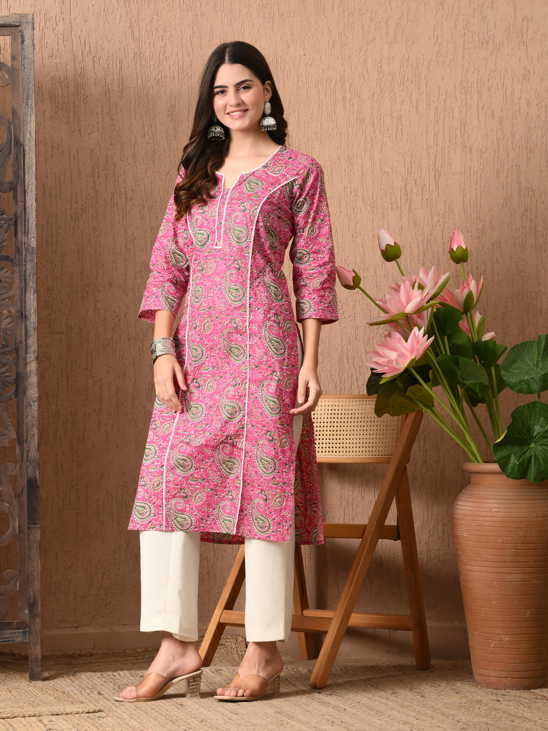 Pink Printed Lace Work Cotton Kurta