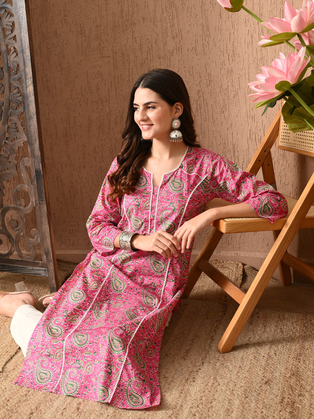 Pink Printed Lace Work Cotton Kurta