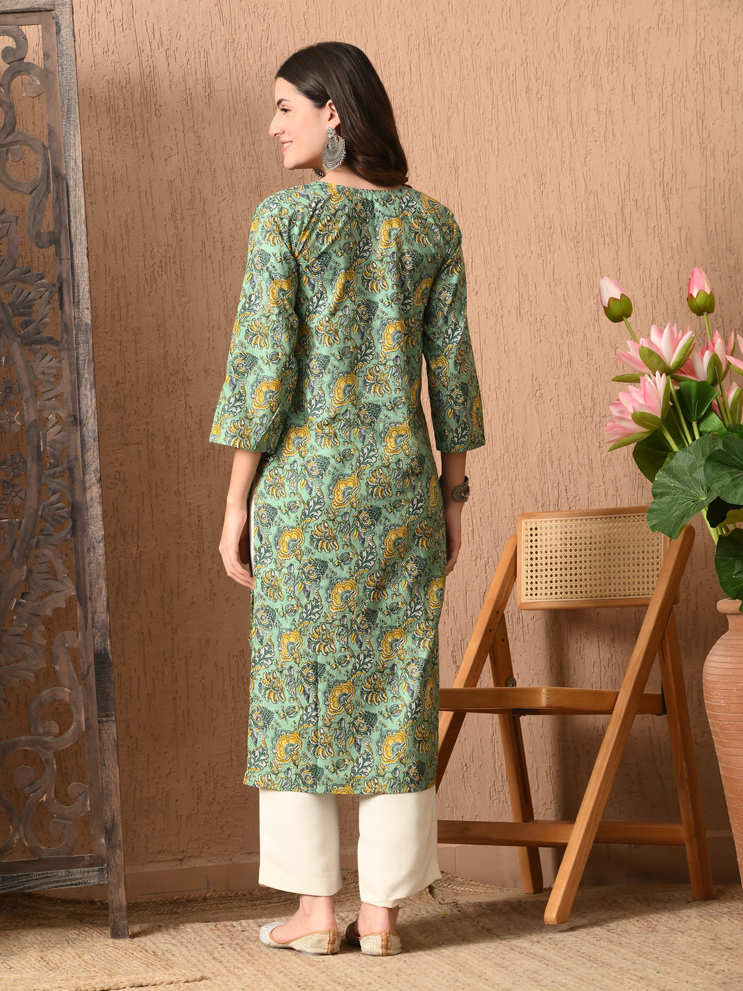 Green Floral Print Cotton Kurta