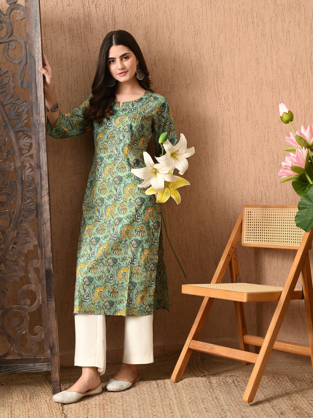 Green Floral Print Cotton Kurta