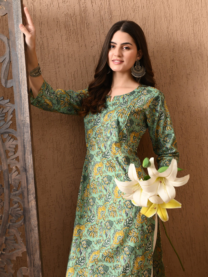 Green Floral Print Cotton Kurta