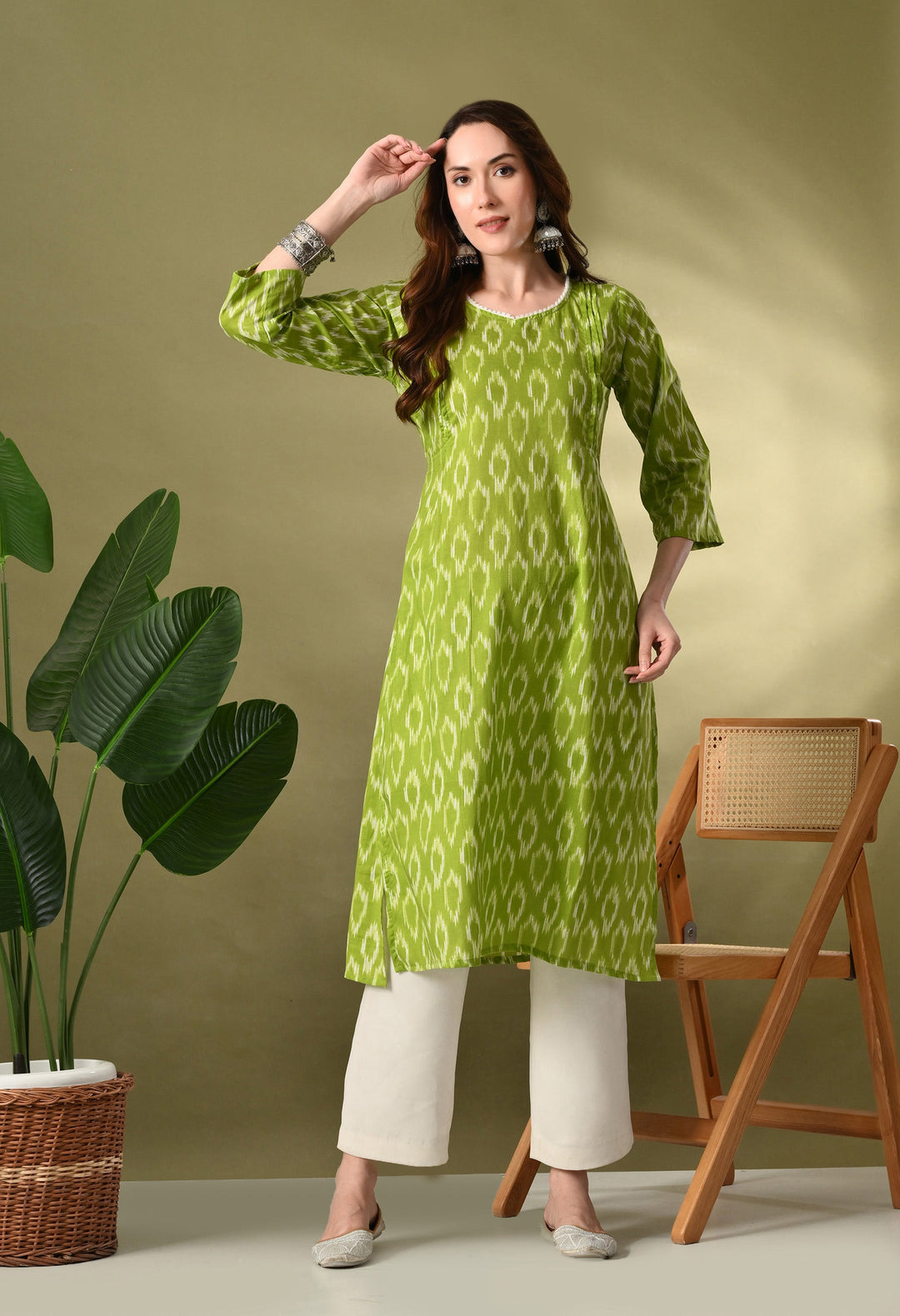 Green Ikkat Print Cotton Kurta