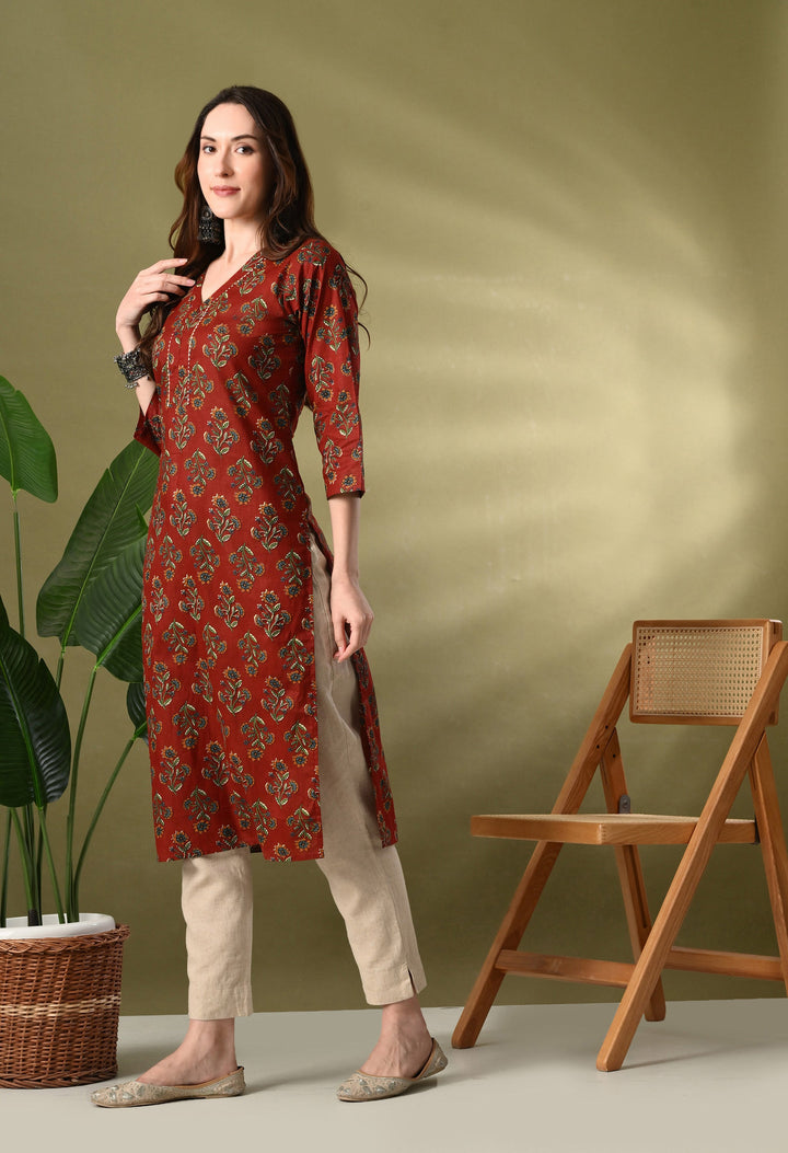 Maroon Floral print Cotton Kurta