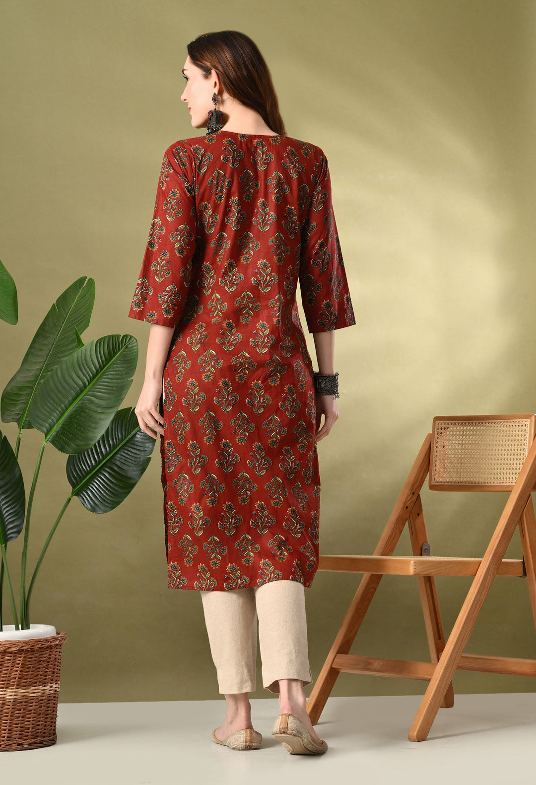 Maroon Floral print Cotton Kurta