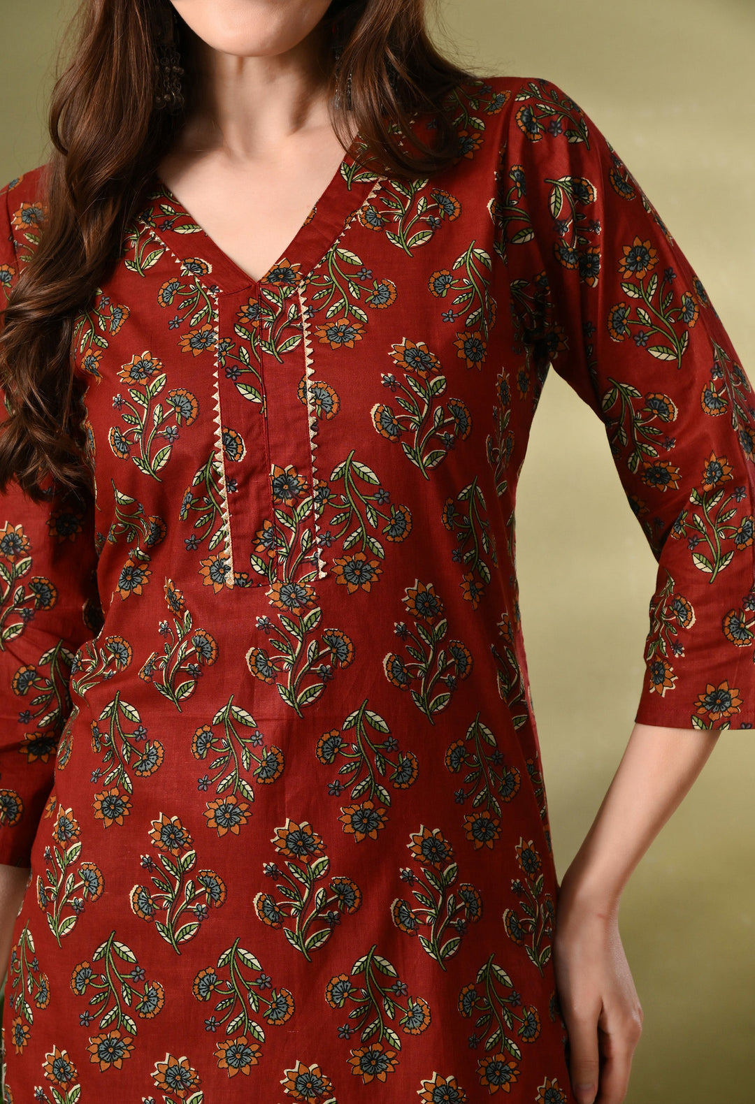 Maroon Floral print Cotton Kurta