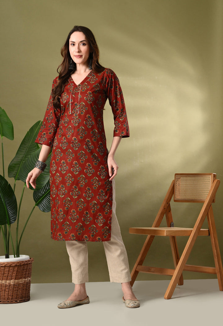 Maroon Floral print Cotton Kurta