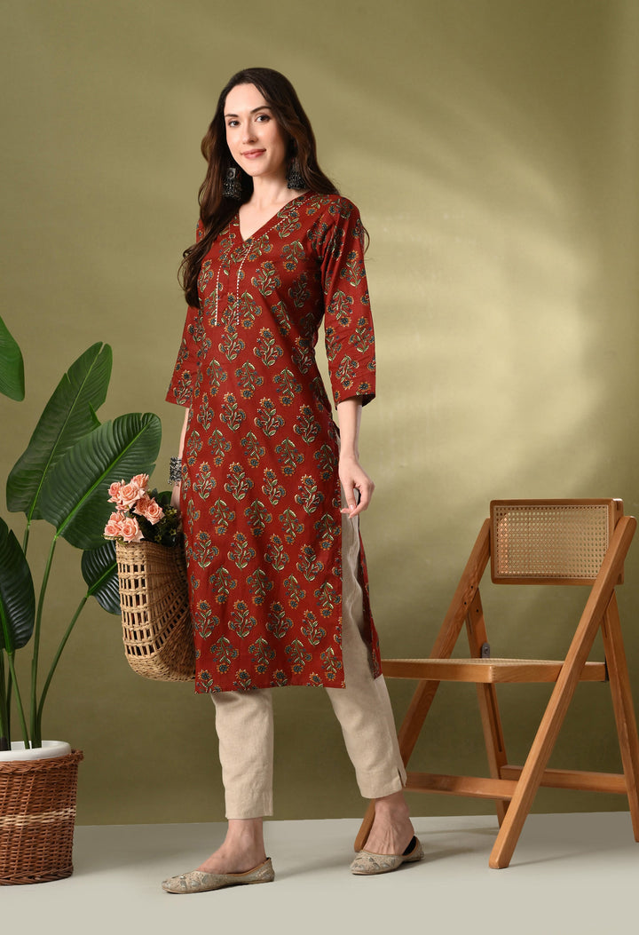 Maroon Floral print Cotton Kurta