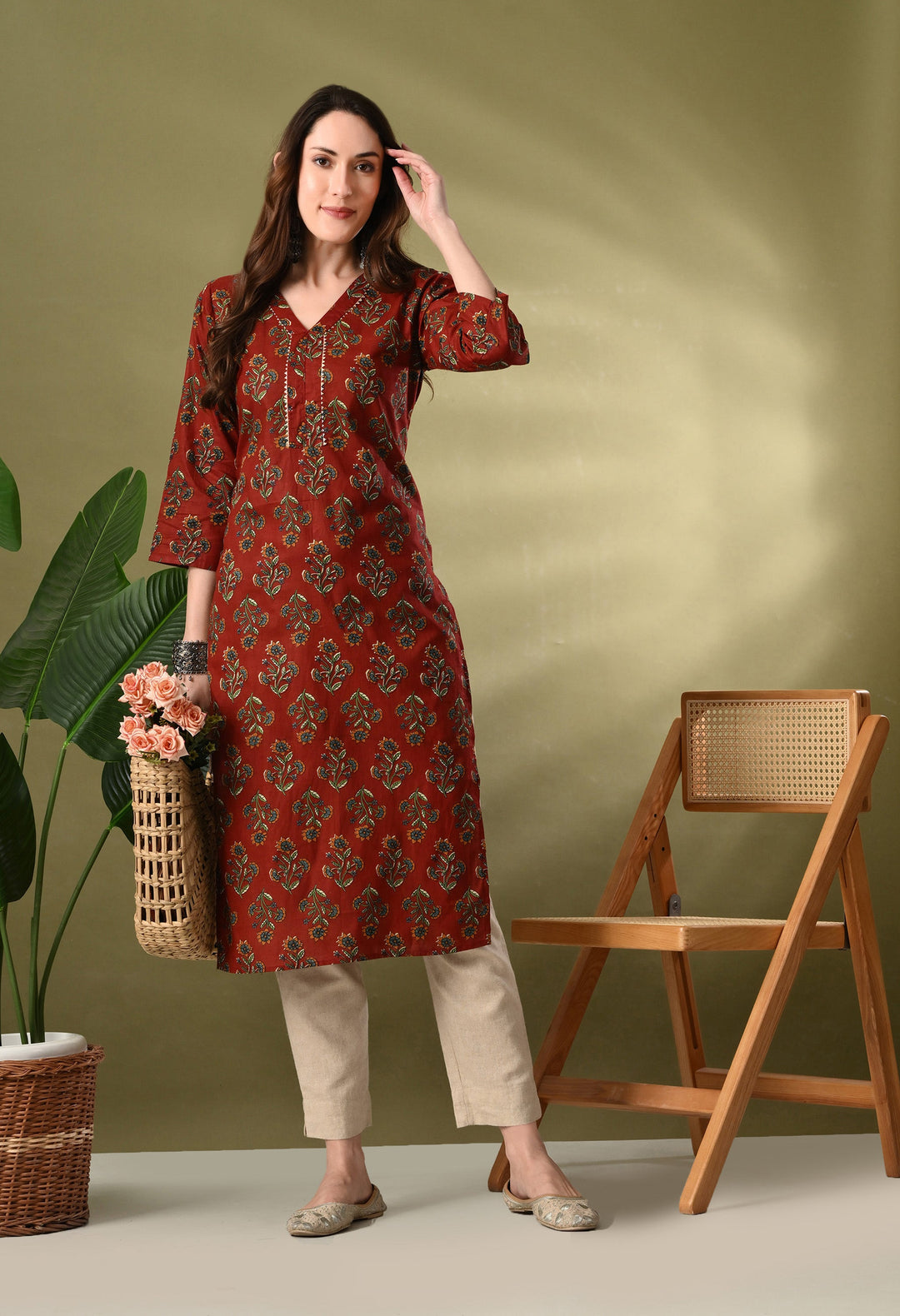 Maroon Floral print Cotton Kurta