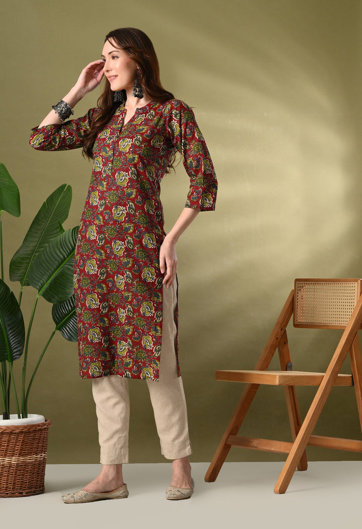 Maroon Printed Cotton Straight Kurta