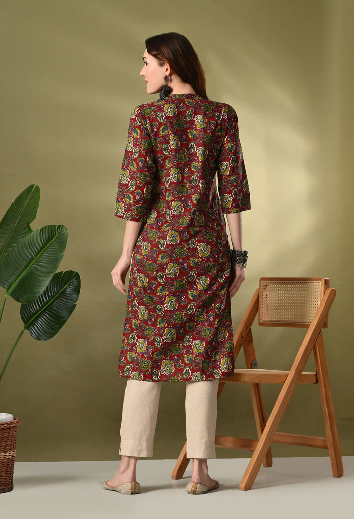 Maroon Printed Cotton Straight Kurta