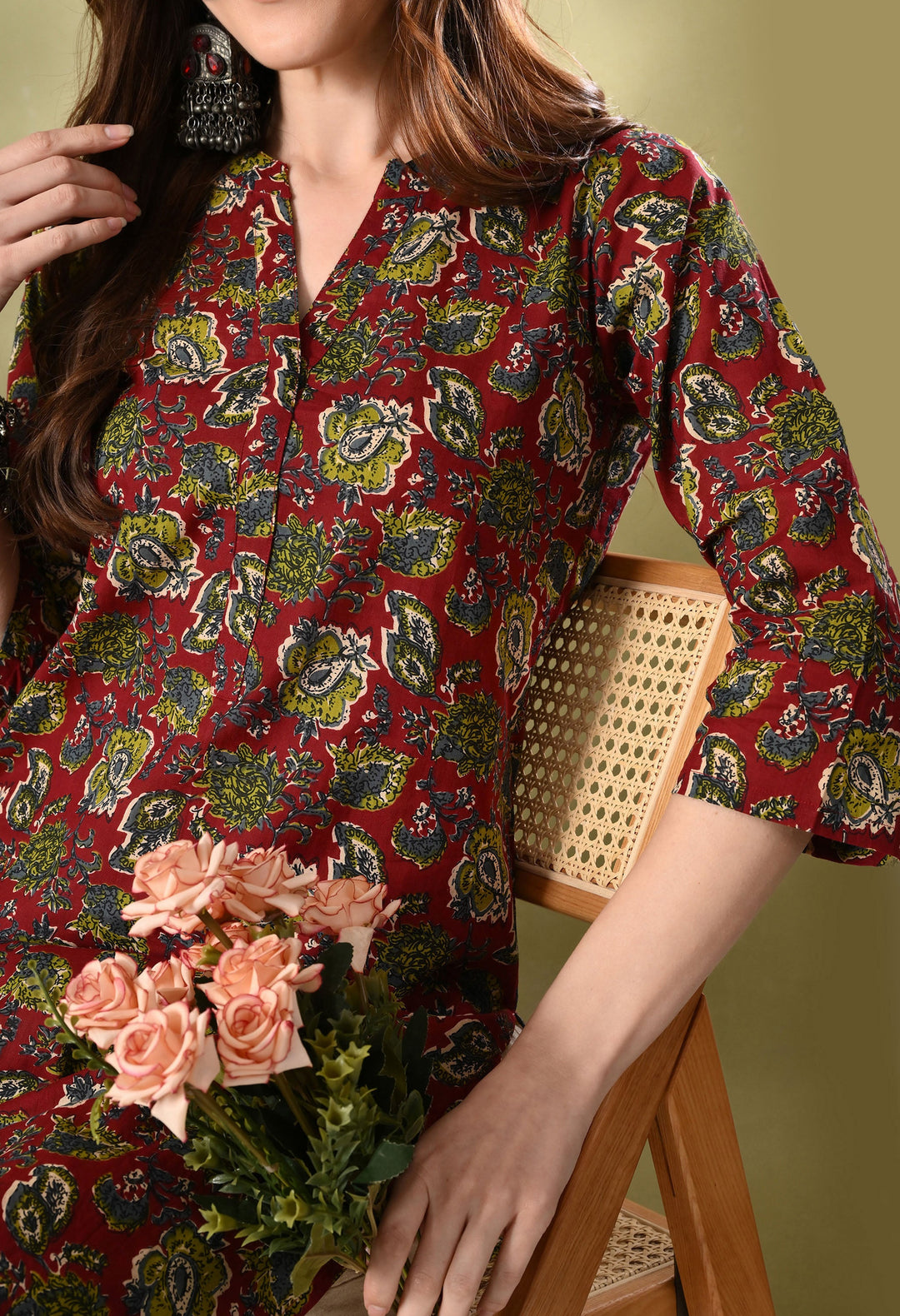 Maroon Printed Cotton Straight Kurta