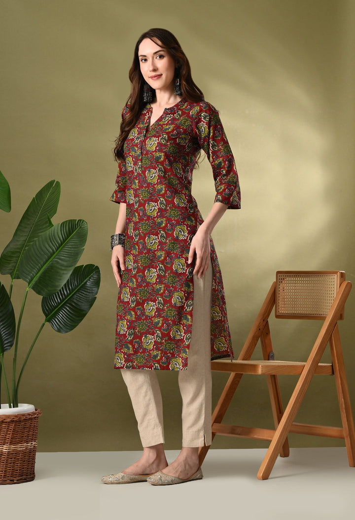 Maroon Printed Cotton Straight Kurta