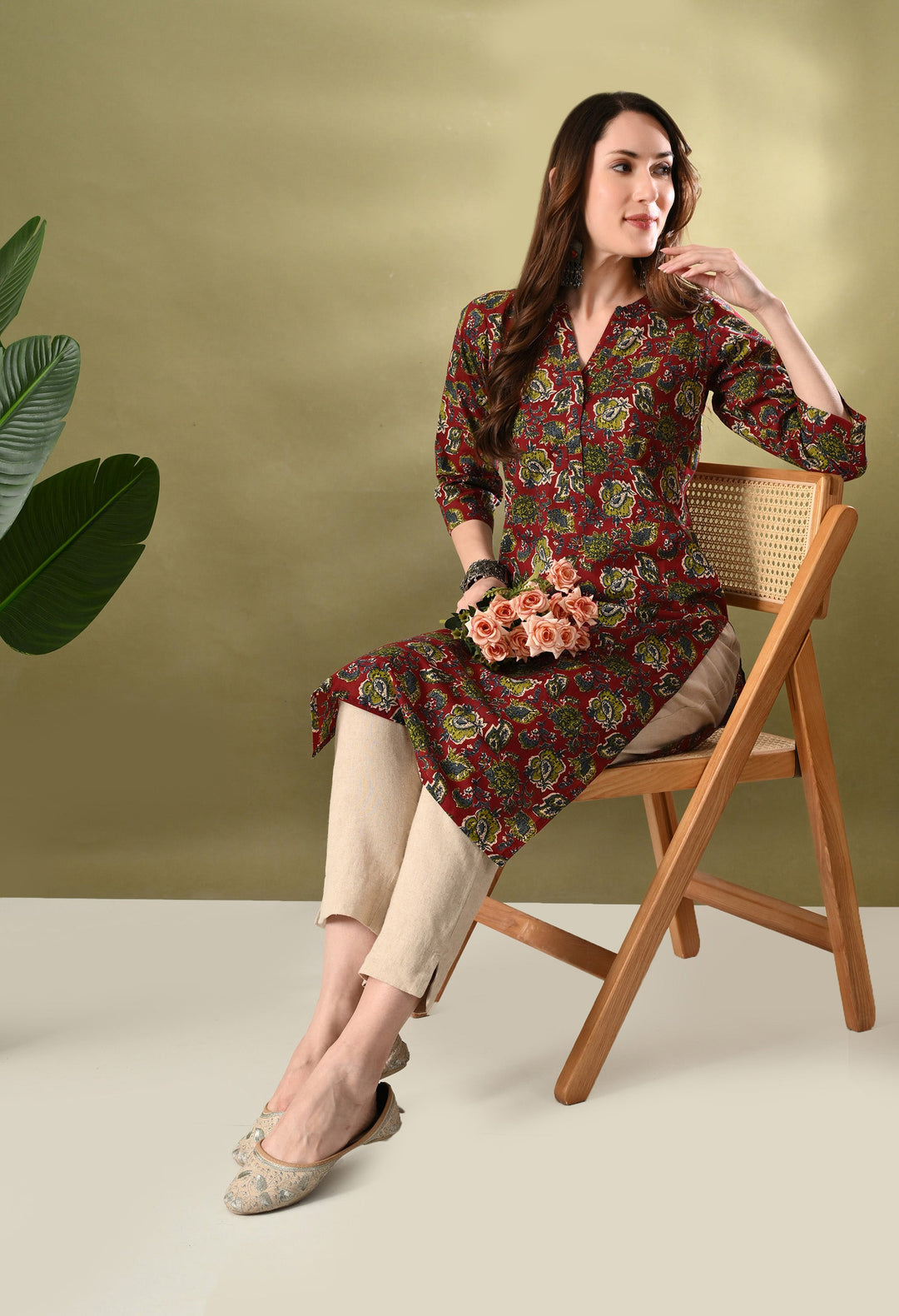 Maroon Printed Cotton Straight Kurta