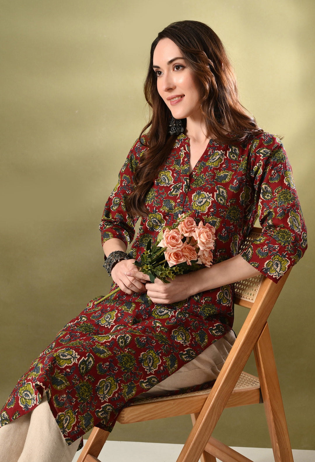 Maroon Printed Cotton Straight Kurta