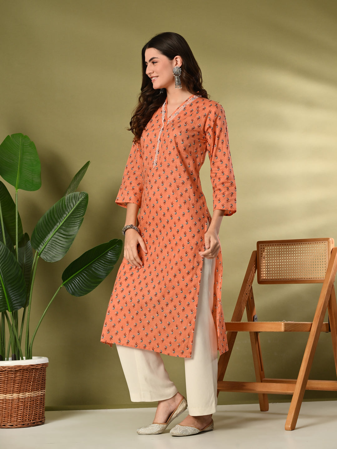 Orange Floral Print Lace Details Cotton Kurta